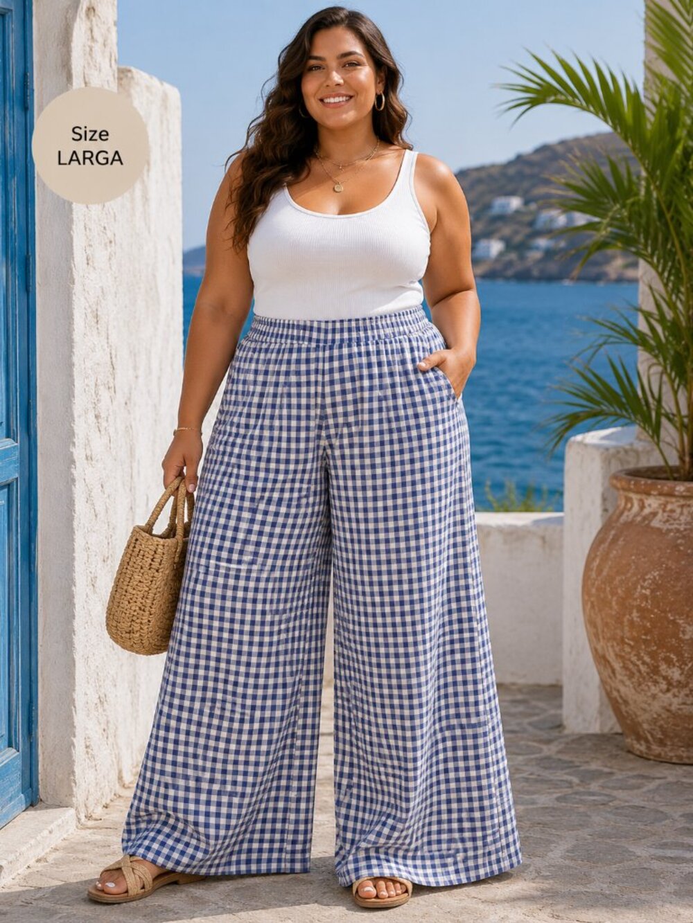 Gingham Wide Leg Culotte Pants Blue White Checkered Cottagecore Picnic NWT L